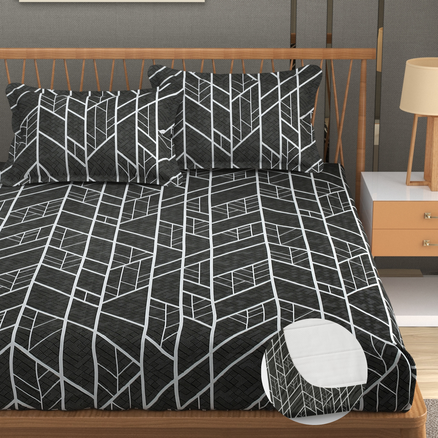 Furnofy Premium Fitted Double Bedsheet with 2 Pillow Covers (L-78" x B-72" + 6" Pocket) - Fitted, White & Black