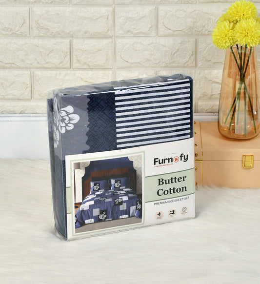 Furnofy Super Premium Printed King Bedsheet (108x108 Inches) with 2 Pillow Covers (Gift Set) - Flat, Blue & Black