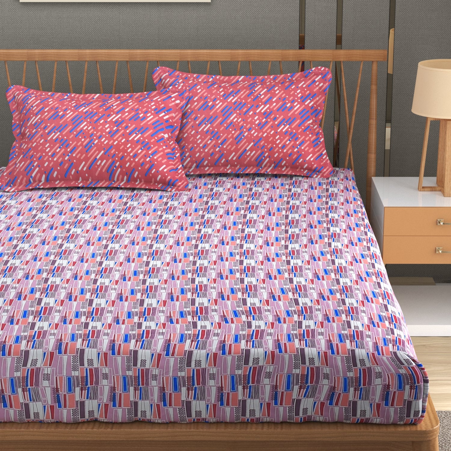 Furnofy Premium Cordinated King Bedsheet with 2 Pillow Covers (108x108 Inches) - Flat, Pink & Blue, Line Print