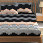 Furnofy Premium Printed Double Bedsheet (90x100 Inches) with 2 Pillow Covers (Flat, Wave) - Black, Grey and Peach