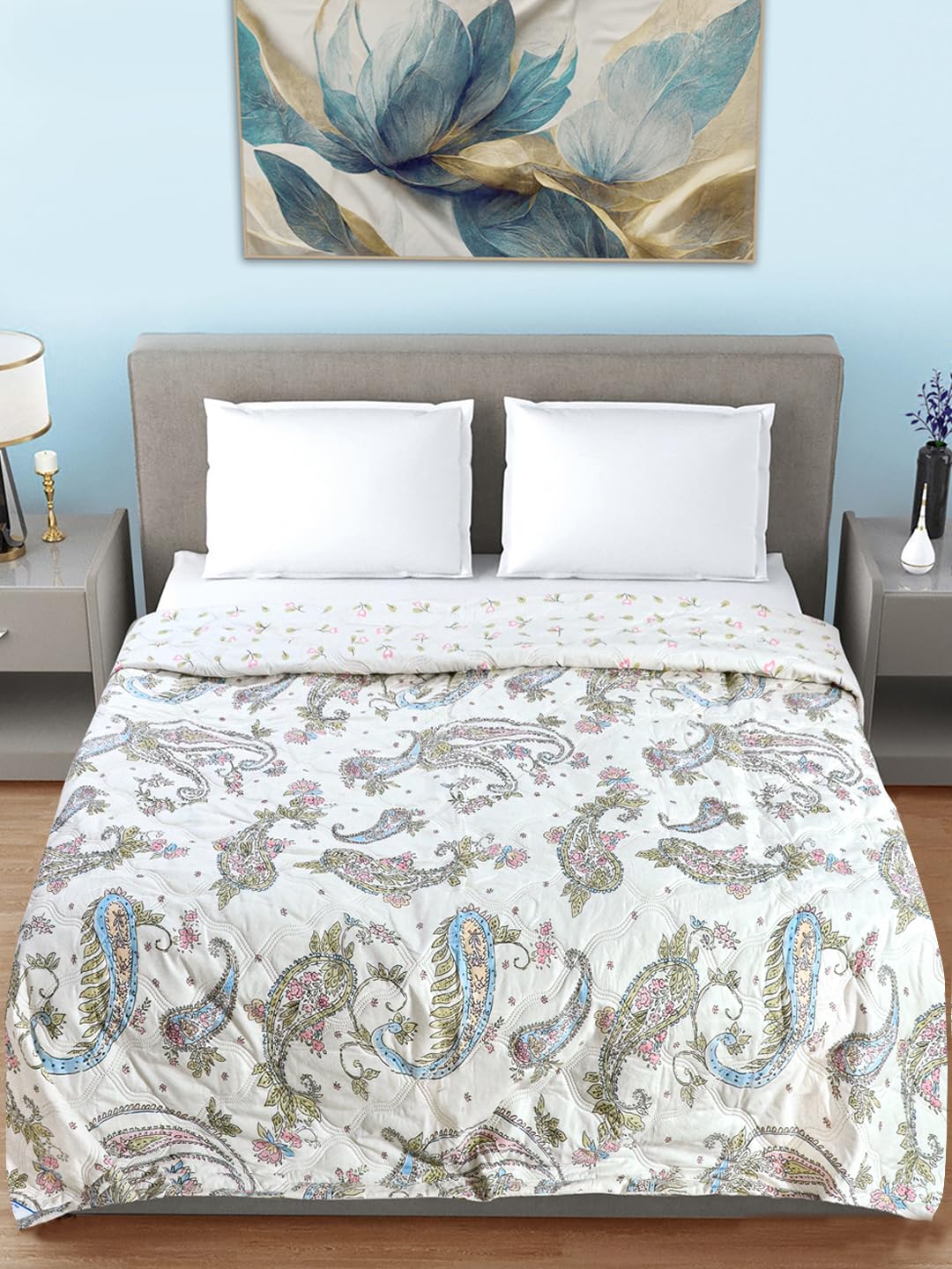 Furnofy 200 GSM Premium Single Bed Reversible Comforter/Quilt (150x220 cm) - Microfiber, Pack of 1, Floral White