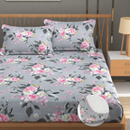 Furnofy Premium Fitted Double Bedsheet with 2 Pillow Covers (L-78" x B-72" + 6" Pocket) - Fitted, Grey and Pink - Floral