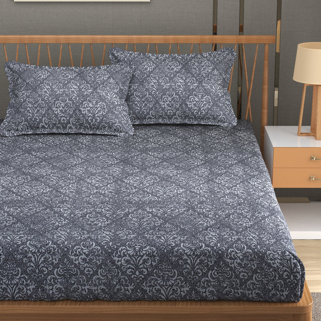 Furnofy Premium Printed Double Bedsheet (90x100 Inches) with 2 Pillow Covers - Flat, Black Floral