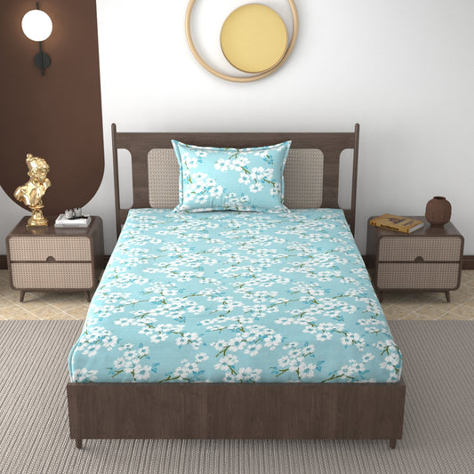Furnofy 140 GSM Flat Single Bedsheet (60x90 inches) with 1 Pillow Cover (18x 27 inches) - Abstract Sky Blue