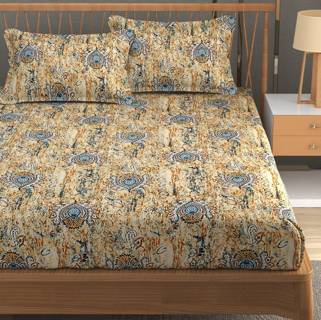 Furnofy Premium Tie & Dye Printed Double Bedsheet (90x100 Inches) with 2 Pillow Covers (Flat, Geometric) - Mustard and Turquoise