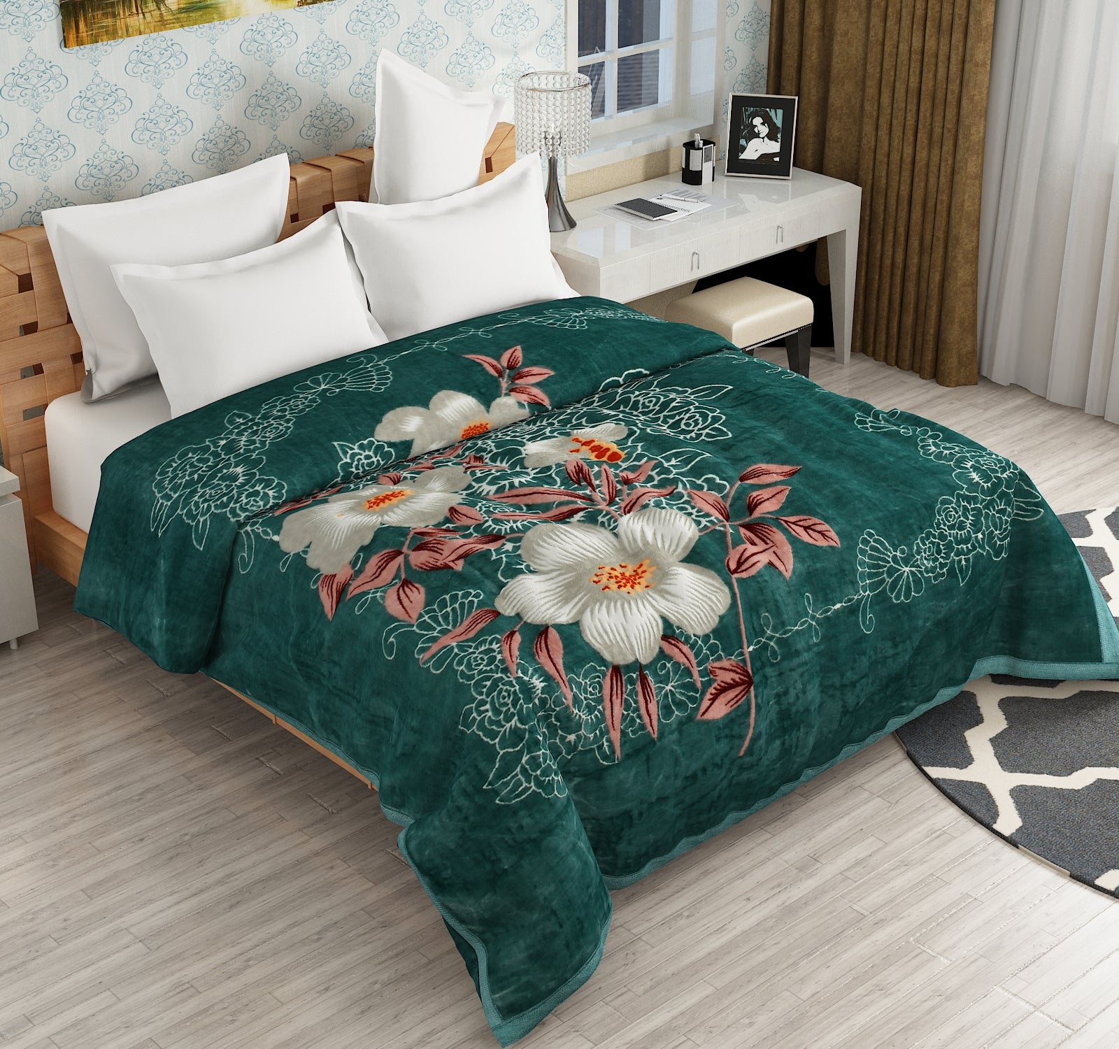Furnofy Premium Blanket King Size Size (210x230 Cms) Light Weight - Cloudy Mink, Pack of 1, Green Floral