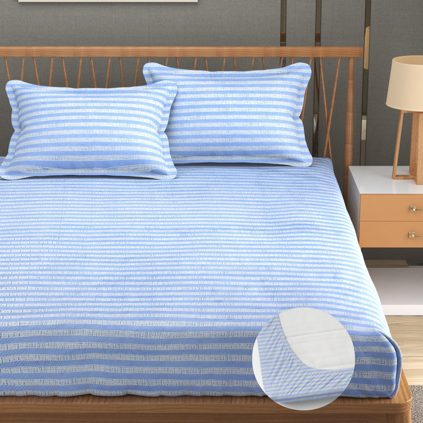 Furnofy 140 GSM Fitted  Double Bedsheet (78"x72" + 6" Pocket Size) with 2 Pillow Covers (18x27 inches) - Abstract, Blue