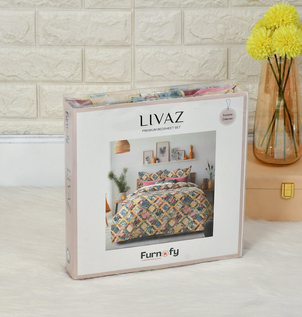 Furnofy Premium Printed Double Bedsheet (90x100 Inches) with 2 Pillow Covers (Gift Set)- Flat, Multicolor - Stone Print