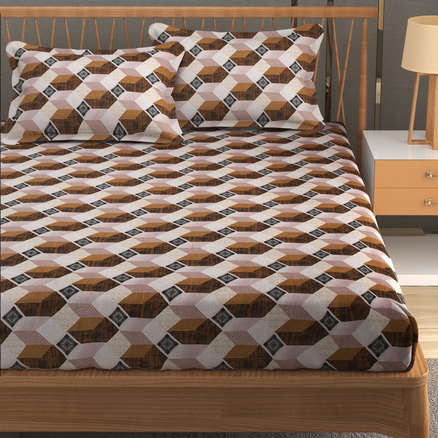 Furnofy Premium Printed Double Bedsheet (90x100 Inches) with 2 Pillow Covers (Flat, Wave) - Brown & Black