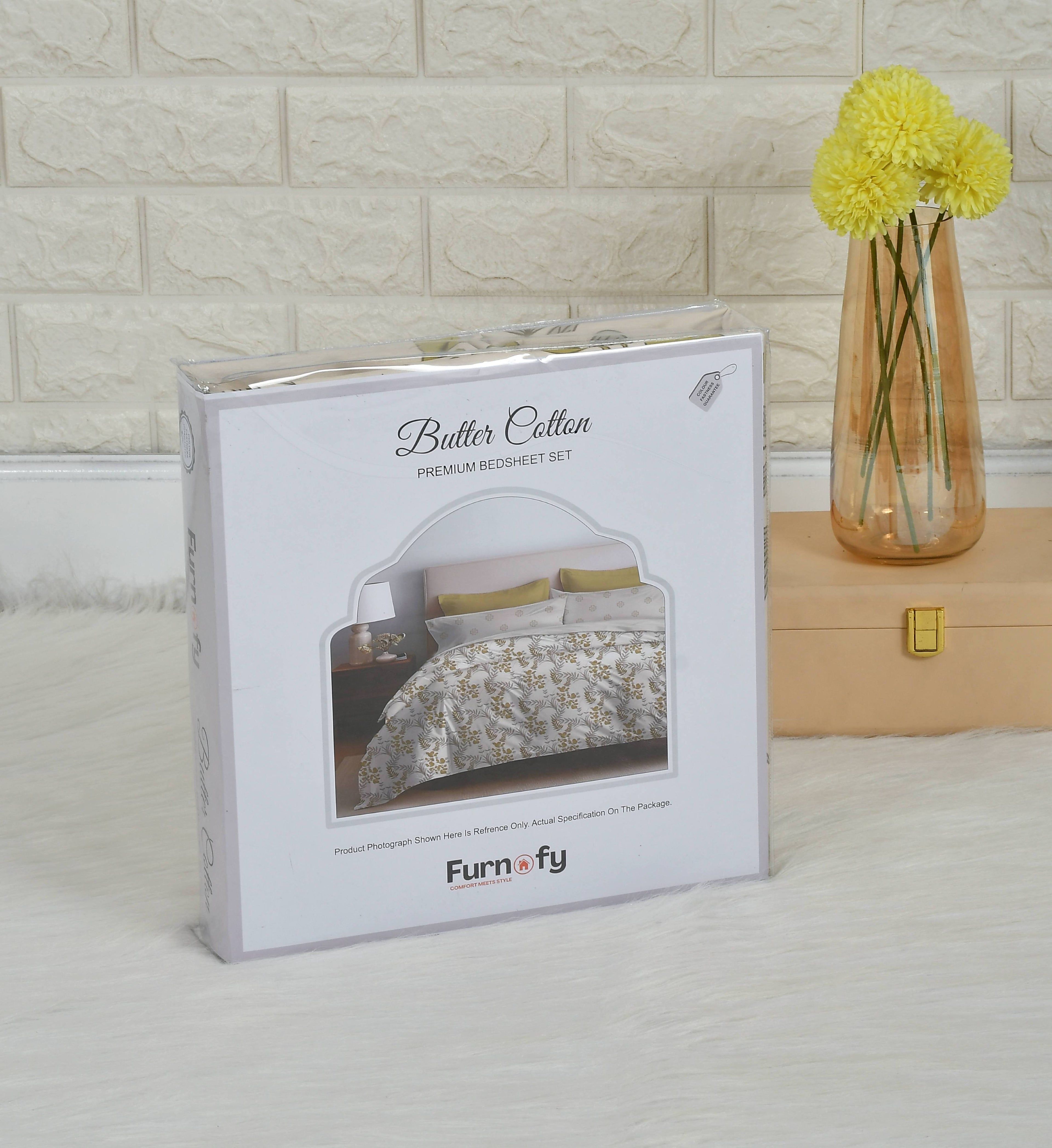 Furnofy Premium Printed Double Bedsheet (90x100 Inches) with 2 Pillow Covers (Gift Set) - Flat, Cream & Green- Floral