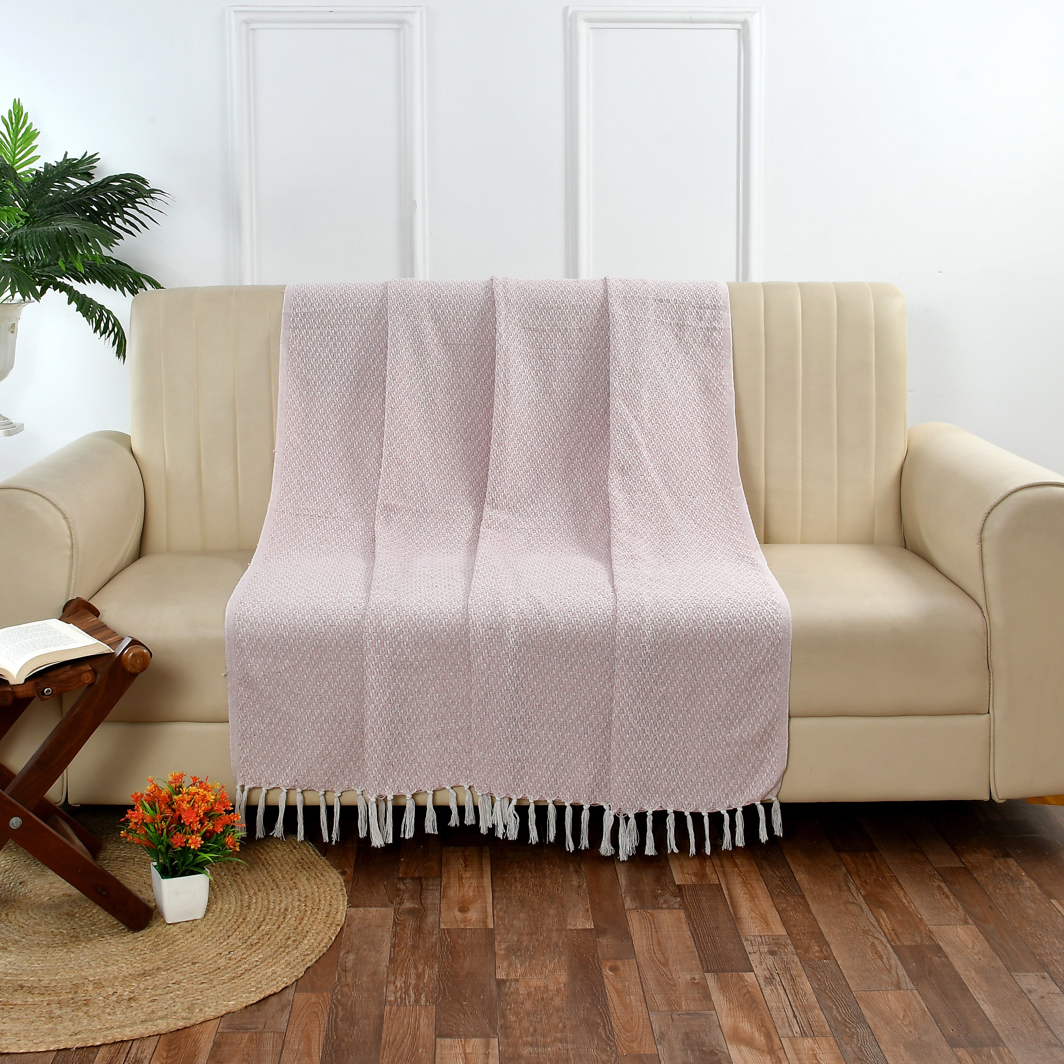 Furnofy Cotton Hand Knitted Throw Blanket (50 x 60 Inches), Pink