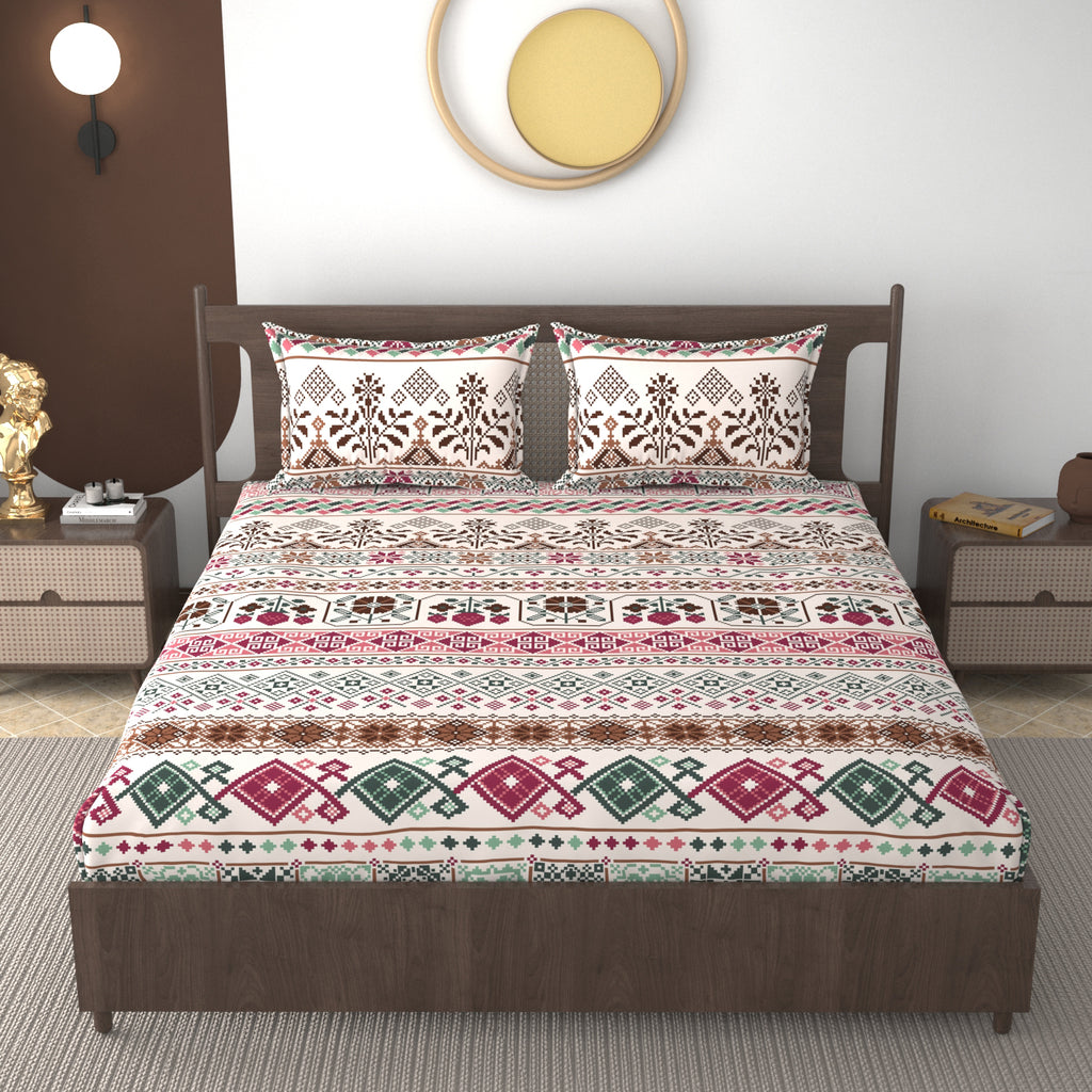 Furnofy 140 GSM Flat King Size Bedsheet (108 x 108 inches) with 2 Pillow Covers (18 x 27 inches) - Traditional Multicolors