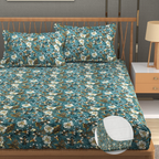 Furnofy Premium Fitted Double Bedsheet with 2 Pillow Covers (L-78" x B-72" + 6" Pocket) - Fitted, Green & Blue - Floral