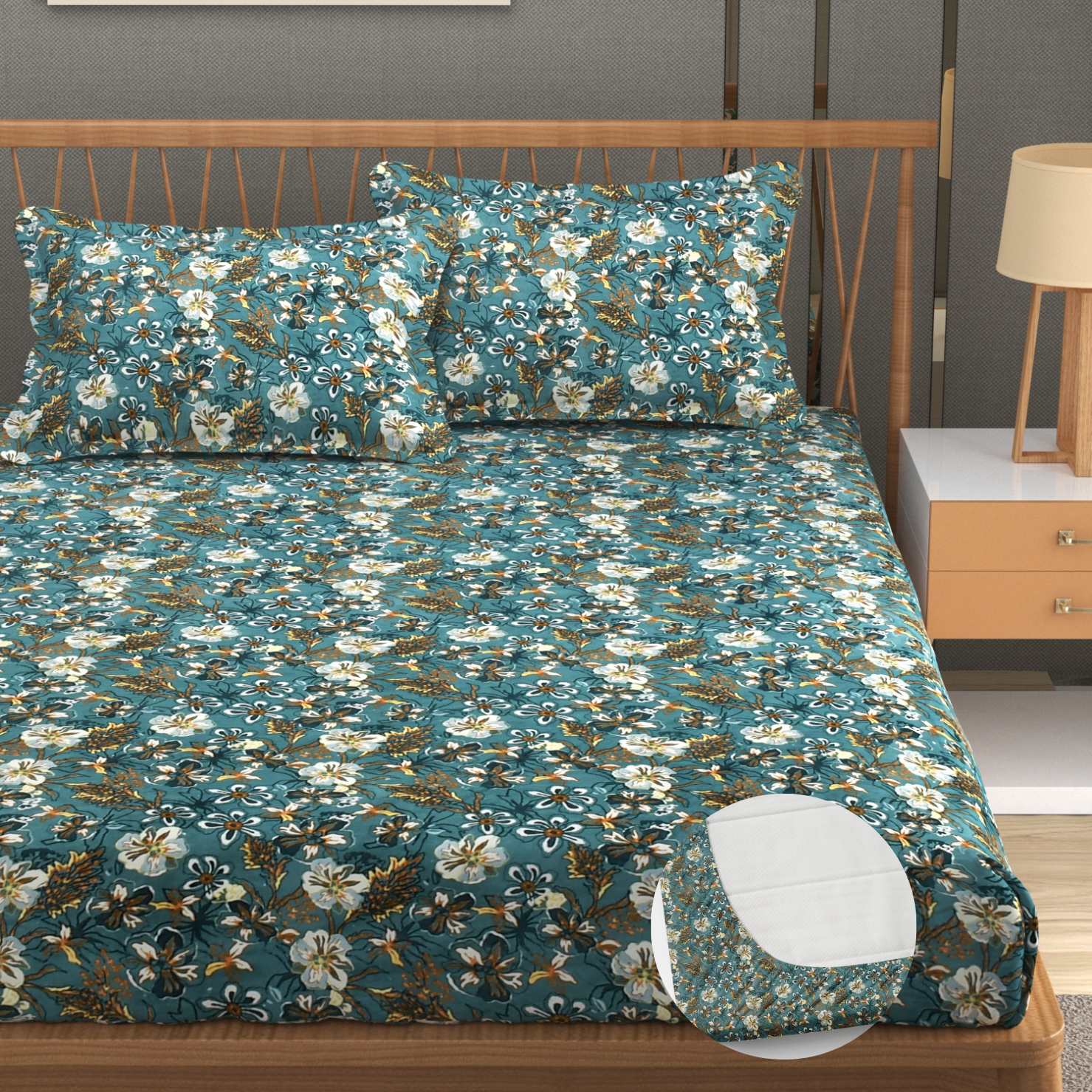 Furnofy Premium Fitted Double Bedsheet with 2 Pillow Covers (L-78" x B-72" + 6" Pocket) - Fitted, Green & Blue - Floral