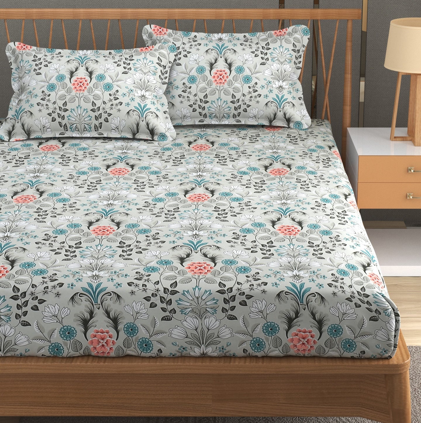 Furnofy 140 GSM Double Bedsheet (90x100 Inches) with 2 Pillow Covers (Flat, White-Blue Flowers), Soft & Durable