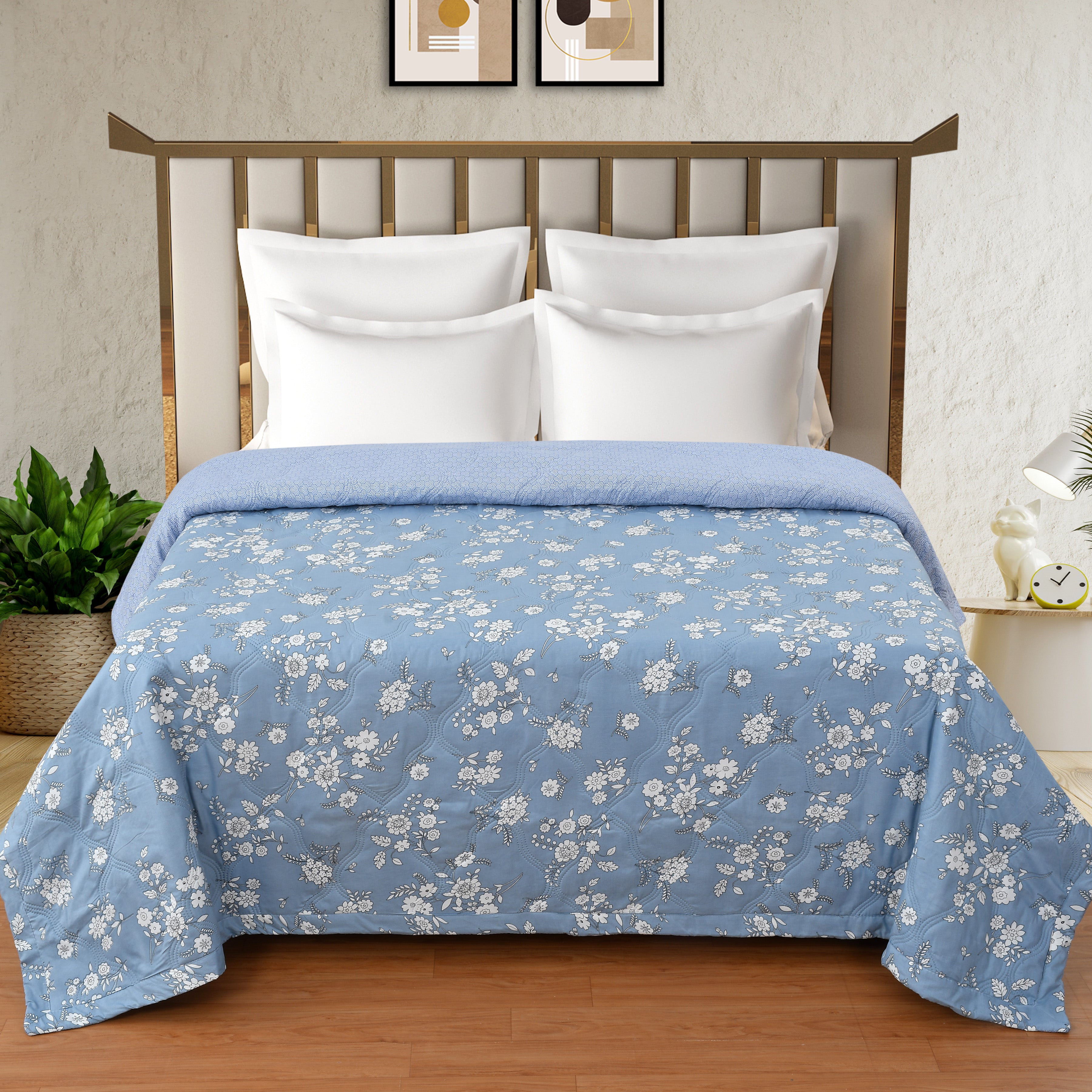 Furnofy 200 GSM Premium King Size Reversible Comforter/Quilt (220x224 cm) - Microfiber, Pack of 1, Floral - Blue