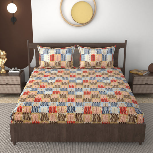 Furnofy 140 GSM Flat Double Bedsheet (90x100 inches) with 2 Pillow Covers (18x 27 inches) - Geometric Multicolors