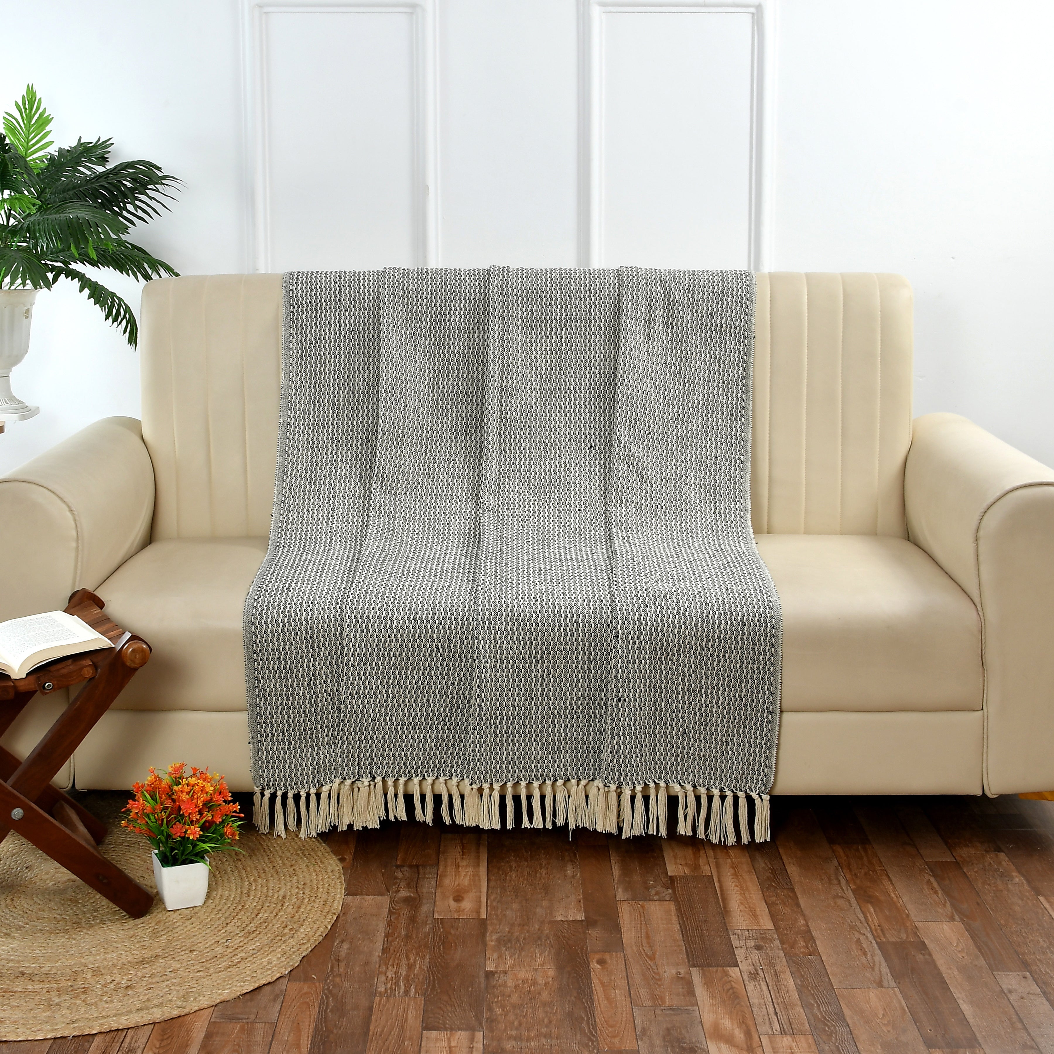 Furnofy Cotton Hand Knitted Throw Blanket (50 x 60 Inches), Black & White