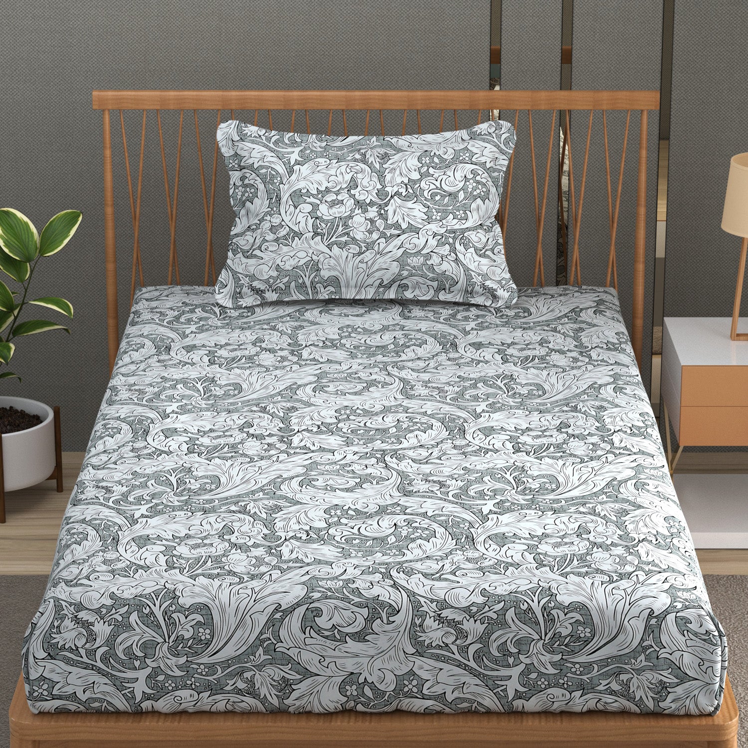 Furnofy 140 GSM Flat Single Bedsheet (60x90 inches) with 1 Pillow Cover (18x 27 inches) -Combination Of Light White And Grey.