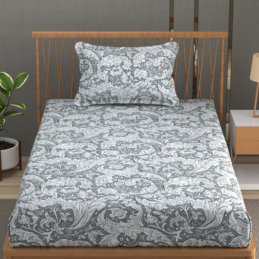 Furnofy 140 GSM Flat Single Bedsheet (60x90 inches) with 1 Pillow Cover (18x 27 inches) -Combination Of Light White And Grey.
