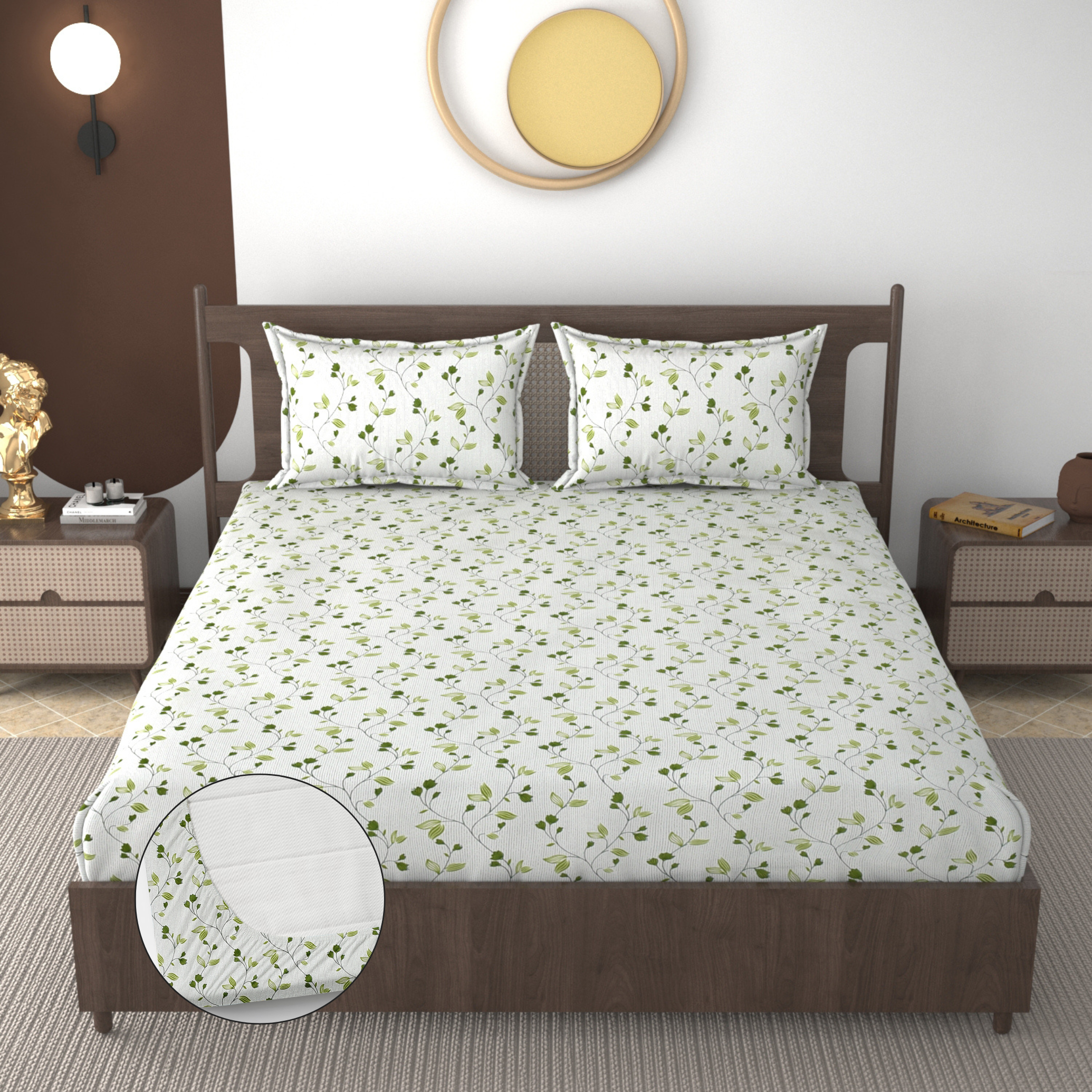 Furnofy 140 GSM Fitted  Double Bedsheet (78"x72" + 6" Pocket Size) with 2 Pillow Covers (18x27 inches) - Abstract, Blue