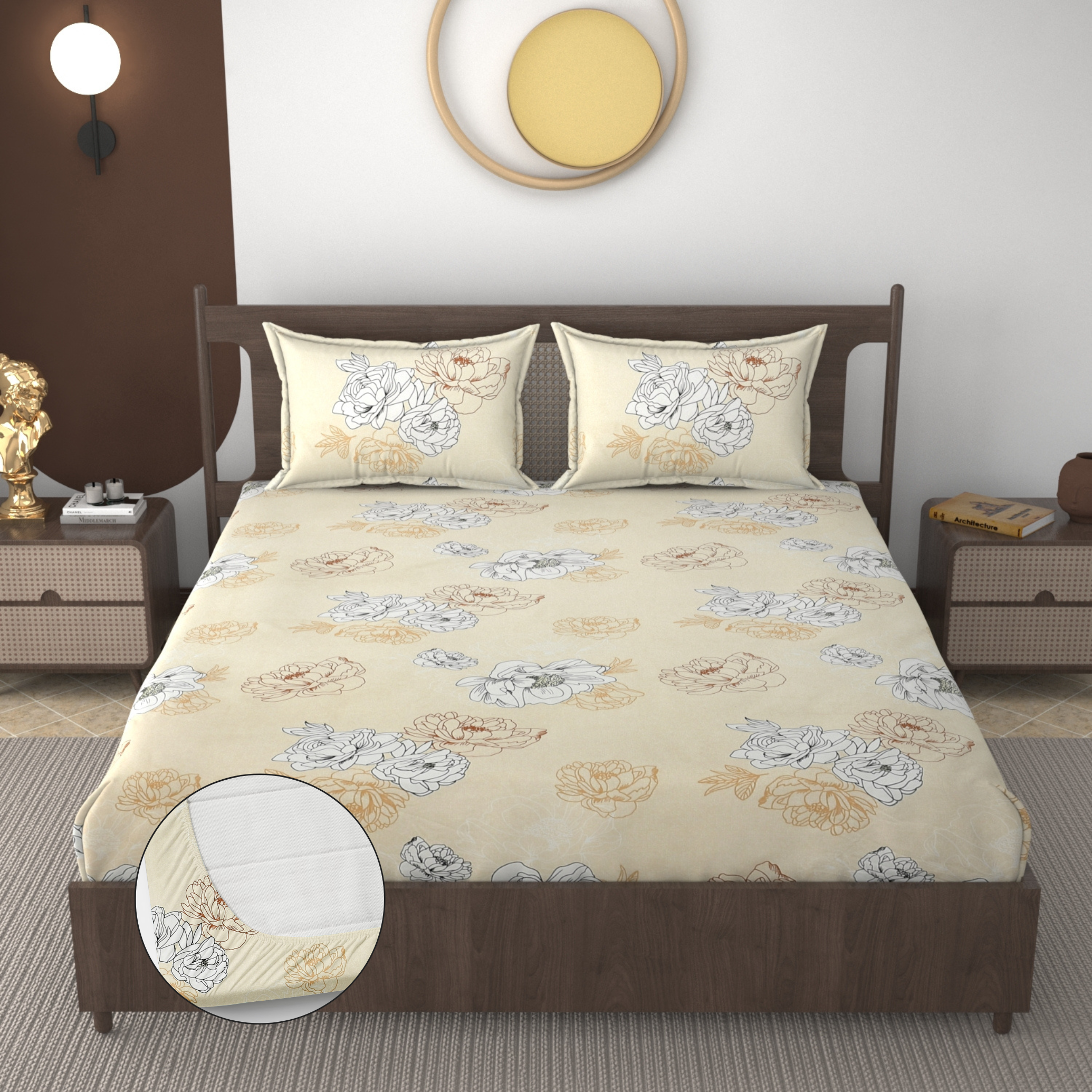 Furnofy 140 GSM Fitted  Double Bedsheet (78"x72" + 6" Pocket Size) with 2 Pillow Covers (18x27 inches)