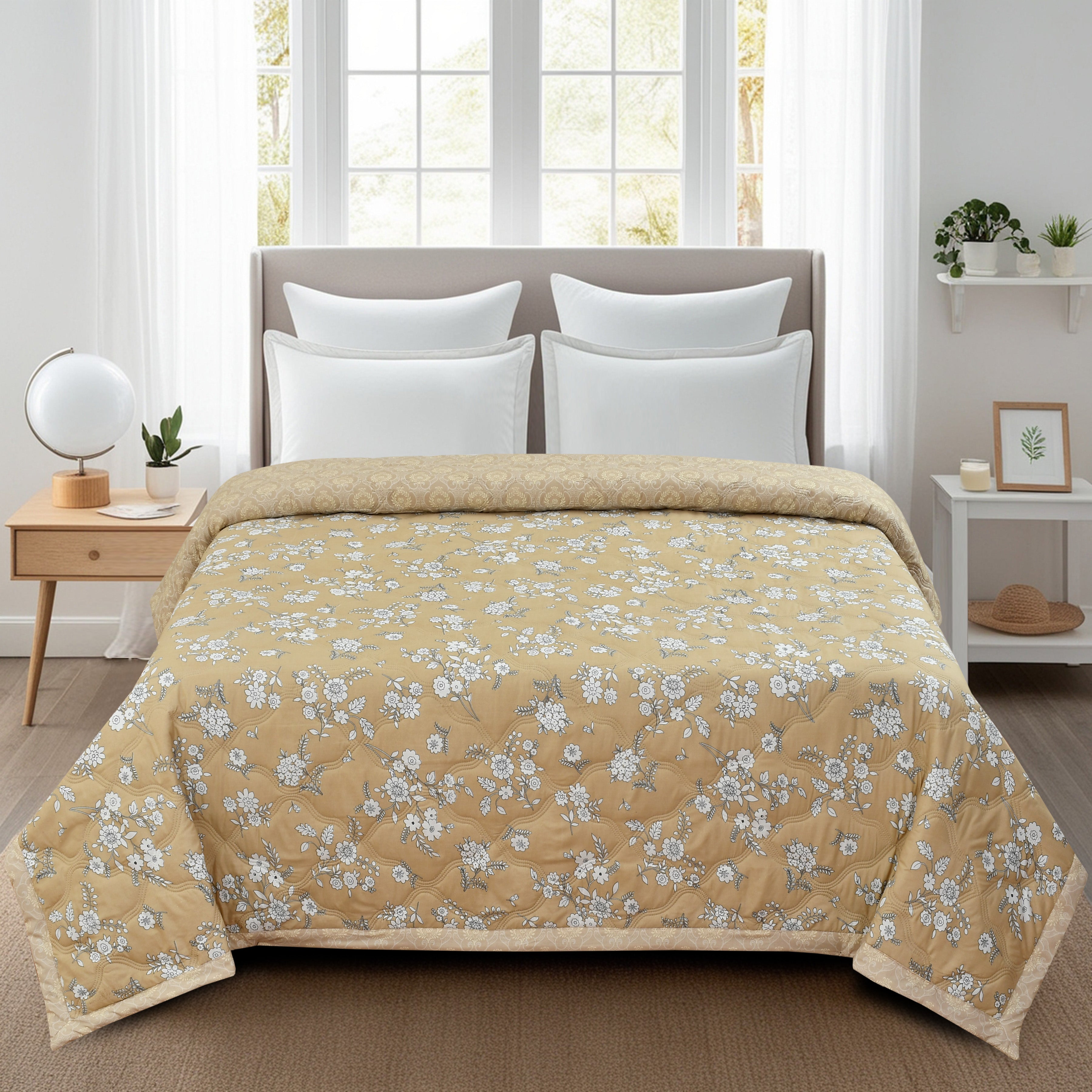 Furnofy 200 GSM Premium King Size Reversible Comforter/Quilt (220x224 cm) - Microfiber, Pack of 1, Floral Brown