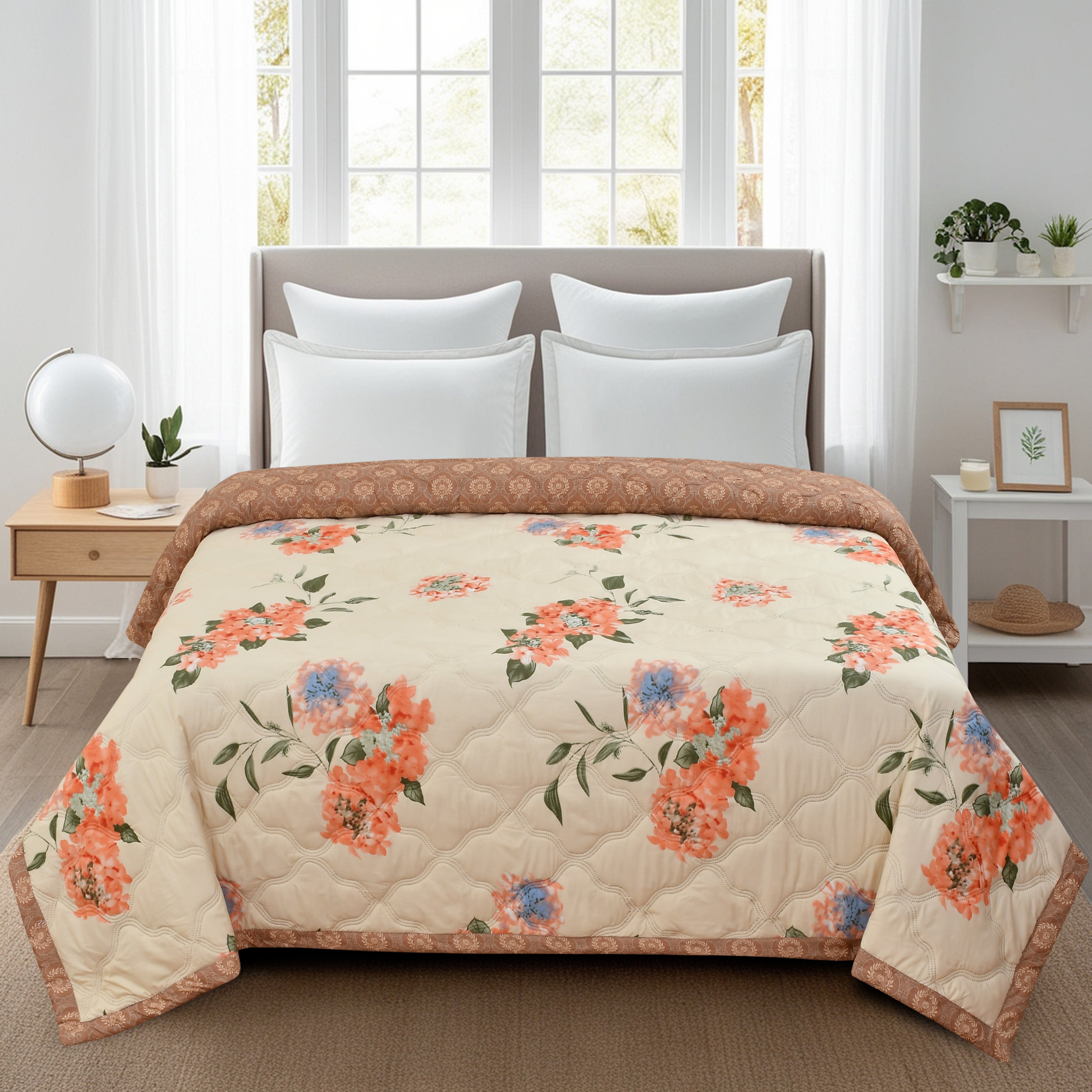 Furnofy 200 GSM Premium King Size Reversible Comforter/Quilt (220x224 cm) - Microfiber, Pack of 1, Floral Beige