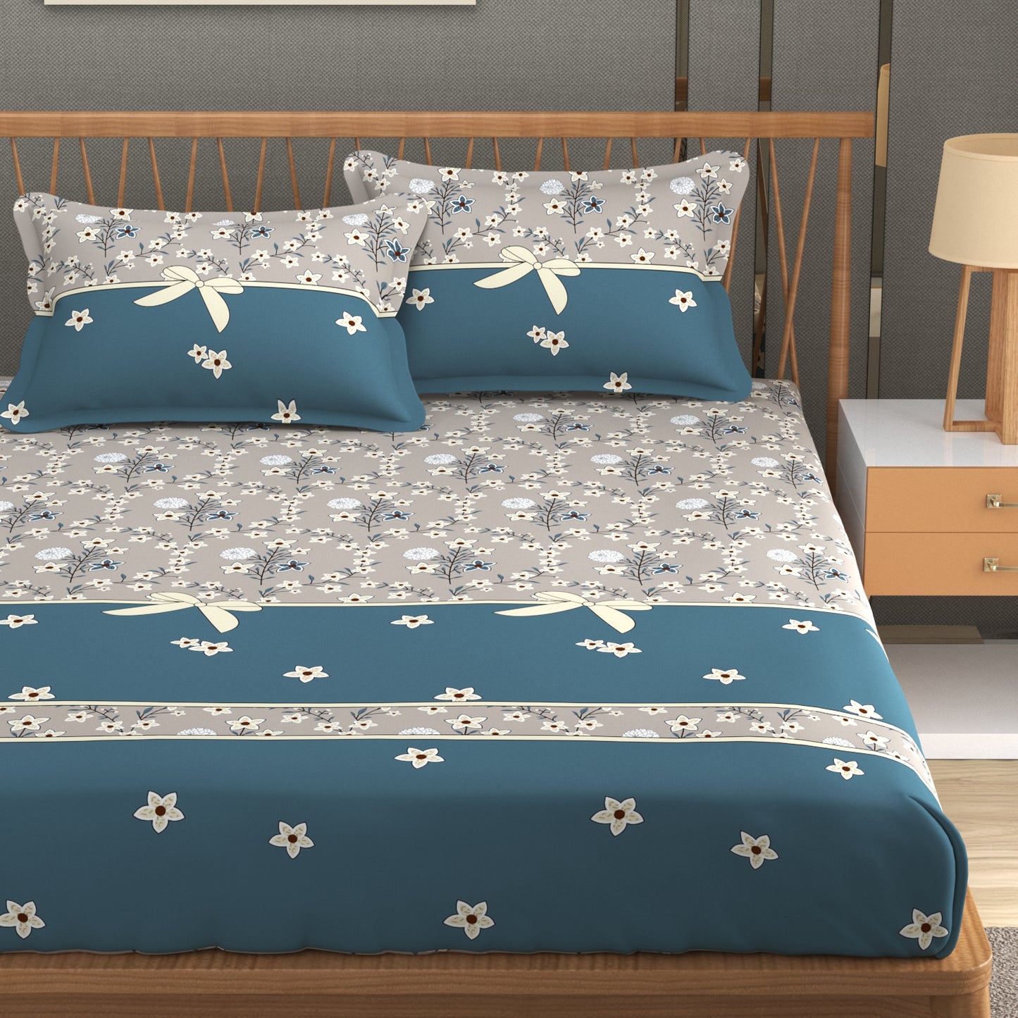 Furnofy Premium King Bedsheet with 2 Pillow Covers (108x108 Inches) - Flat, Grey & Aqua Green, Knot Print