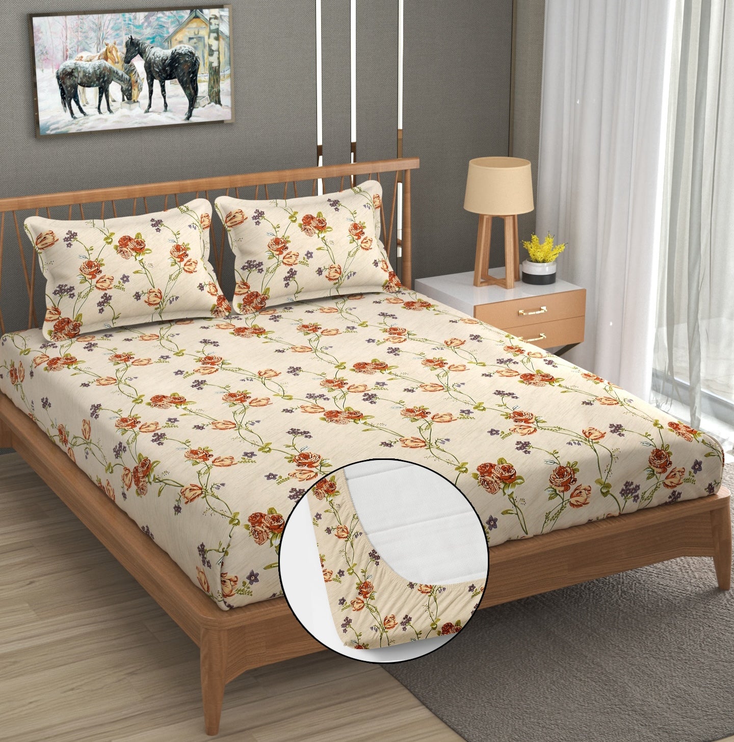 Furnofy 140 GSM Fitted Bedsheet (L-78 x B-72 + 6" Pocket) with 2 Pillow Covers - Fitted, Floral Print, Soft & Stretchable