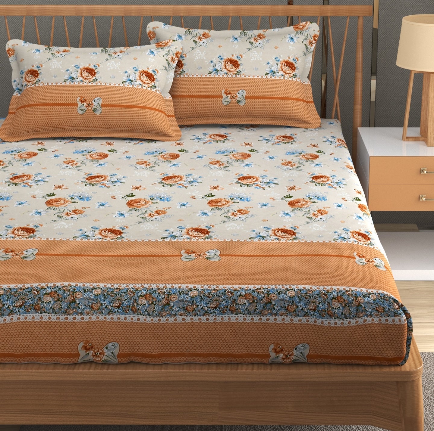 Furnofy Premium Printed Double Bedsheet (90x100 Inches) with 2 Pillow Covers (Flat, Floral) - Peach and Beige