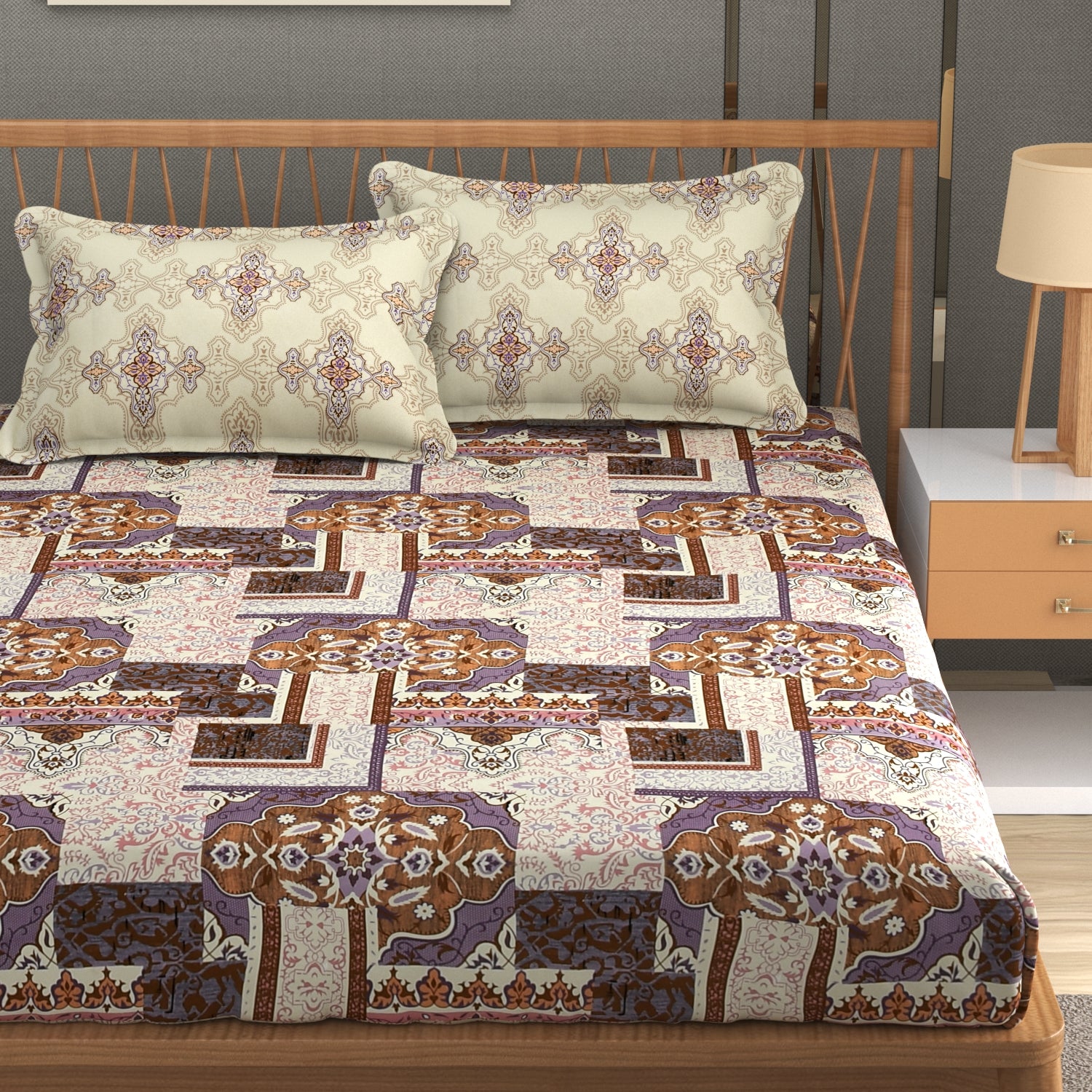 Furnofy Premium Cordinated King Bedsheet with 2 Pillow Covers (108x108 Inches) - Flat, Multi, Antique print