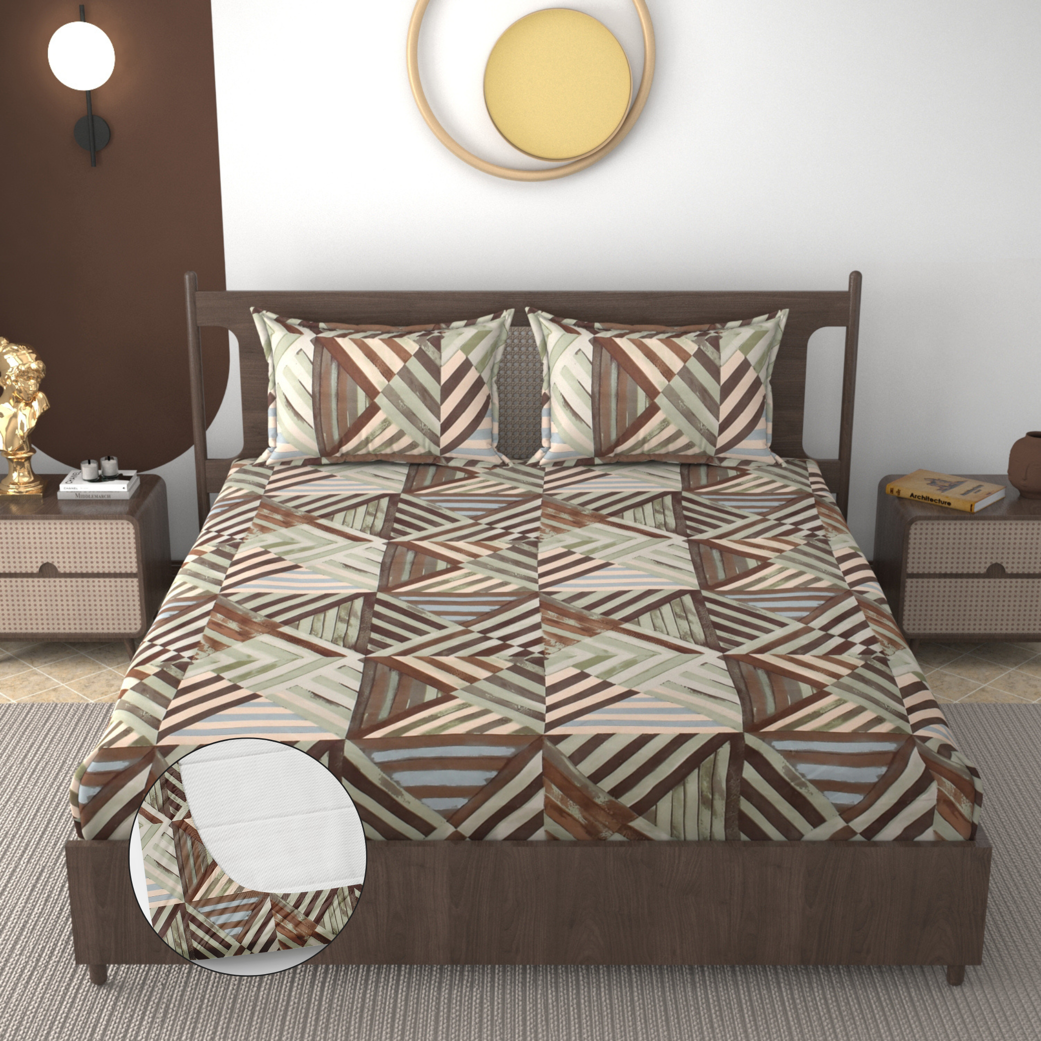 Furnofy 140 GSM Fitted  Double Bedsheet (78"x72" + 6" Pocket Size) with 2 Pillow Covers (18x27 inches) - Abstract Brown