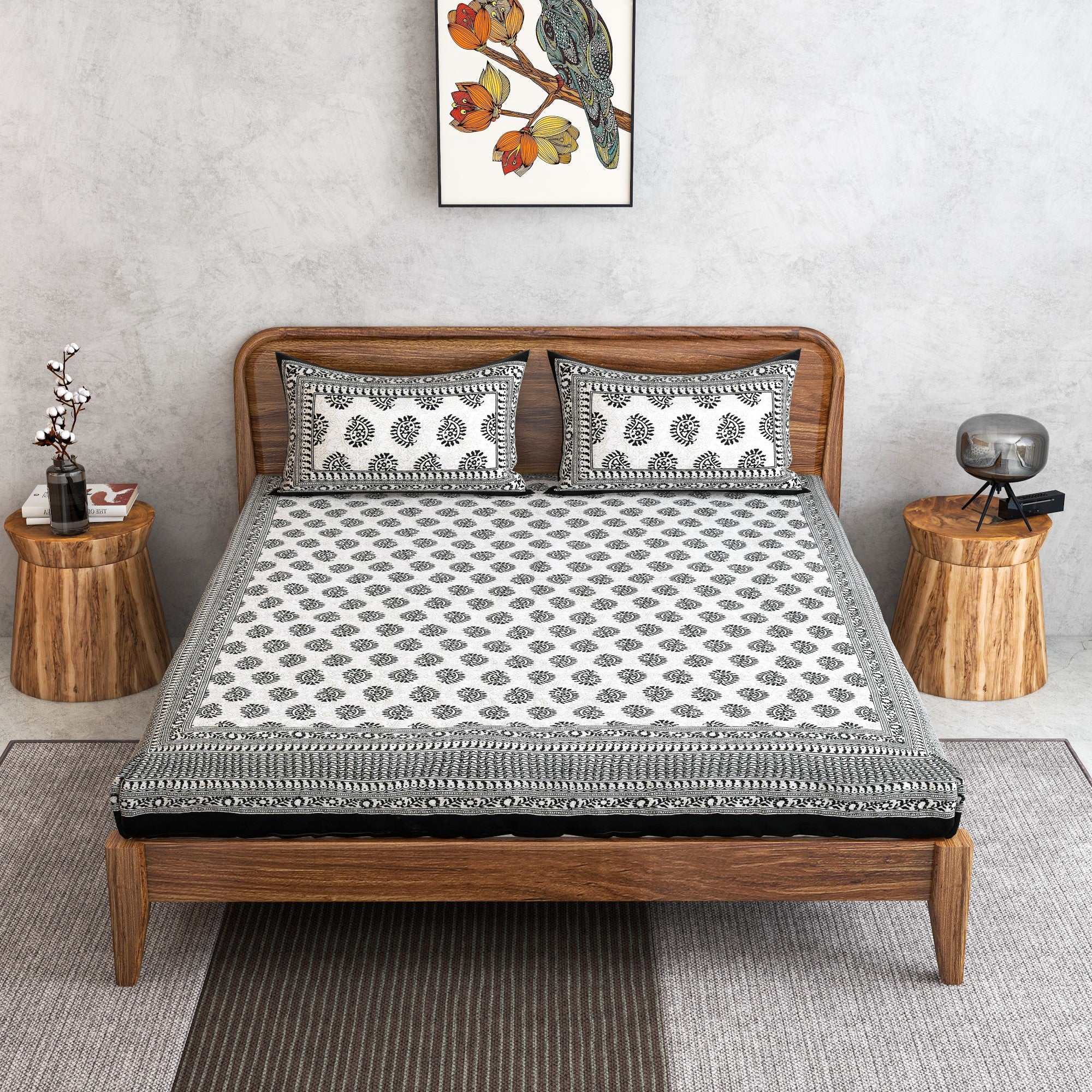 Furnofy 100% Cotton Traditional Jaipuri Print King Size Bedsheet (90x108 Inches) with 2 Matching Pillow Covers – Flat, Black Keri