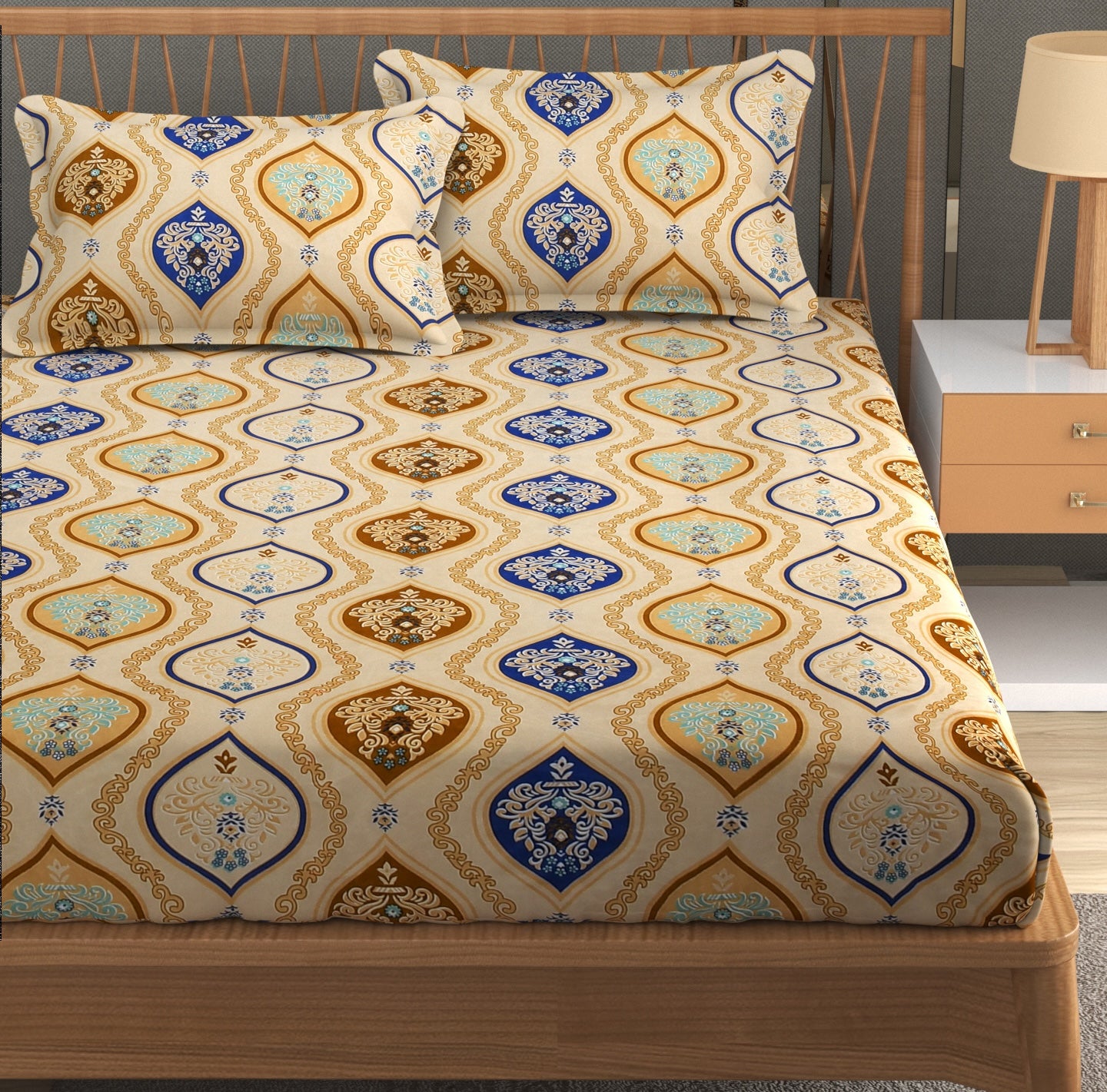 Furnofy Premium Printed Double Bedsheet (90x100 Inches) with 2 Pillow Covers - Flat, Sand & Blue