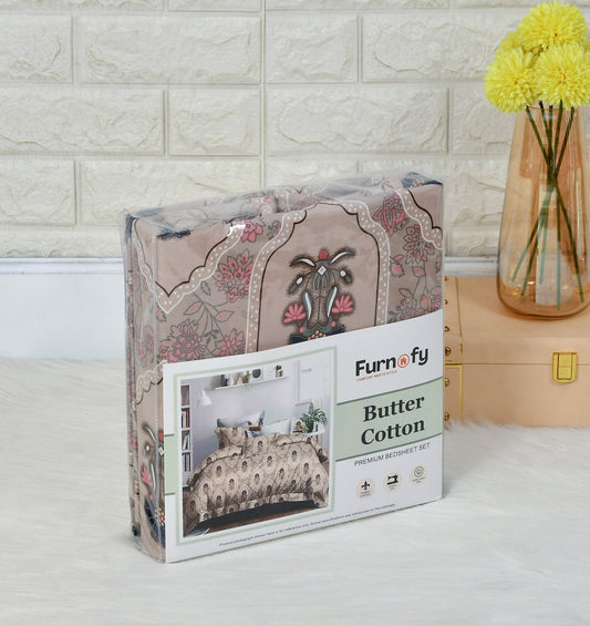 Furnofy Super Premium Printed King Bedsheet (108x108 Inches) with 2 Pillow Covers (Gift Set)- Flat, Cream/Neutral