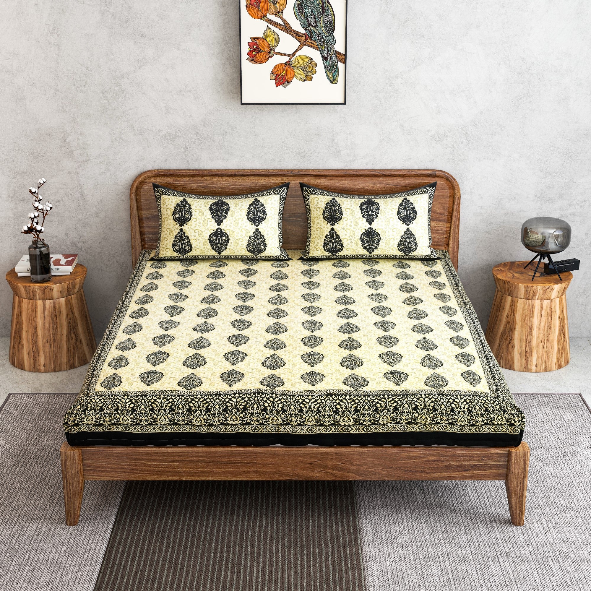 Furnofy 100% Cotton Traditional Jaipuri Print King Size Bedsheet (90x108 Inches) with 2 Matching Pillow Covers – Flat, Black & White