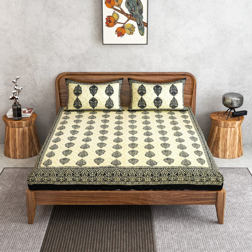 Furnofy 100% Cotton Traditional Jaipuri Print King Size Bedsheet (90x108 Inches) with 2 Matching Pillow Covers – Flat, Black & White