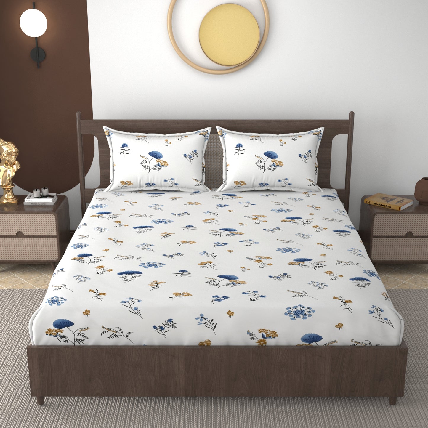 Furnofy 140 GSM Flat Double Bedsheet (90x100 inches) with 2 Pillow Covers (18x 27 inches) -Floral Multicolors