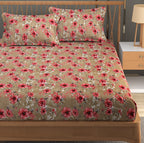Furnofy Premium Printed Double Bedsheet (90x100 Inches) with 2 Pillow Covers (Flat, Floral) - Brown and Pink