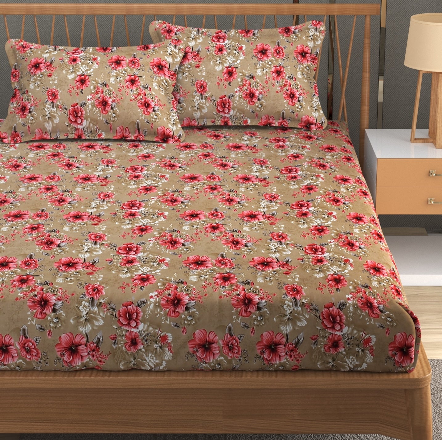 Furnofy Premium Printed Double Bedsheet (90x100 Inches) with 2 Pillow Covers (Flat, Floral) - Brown and Pink