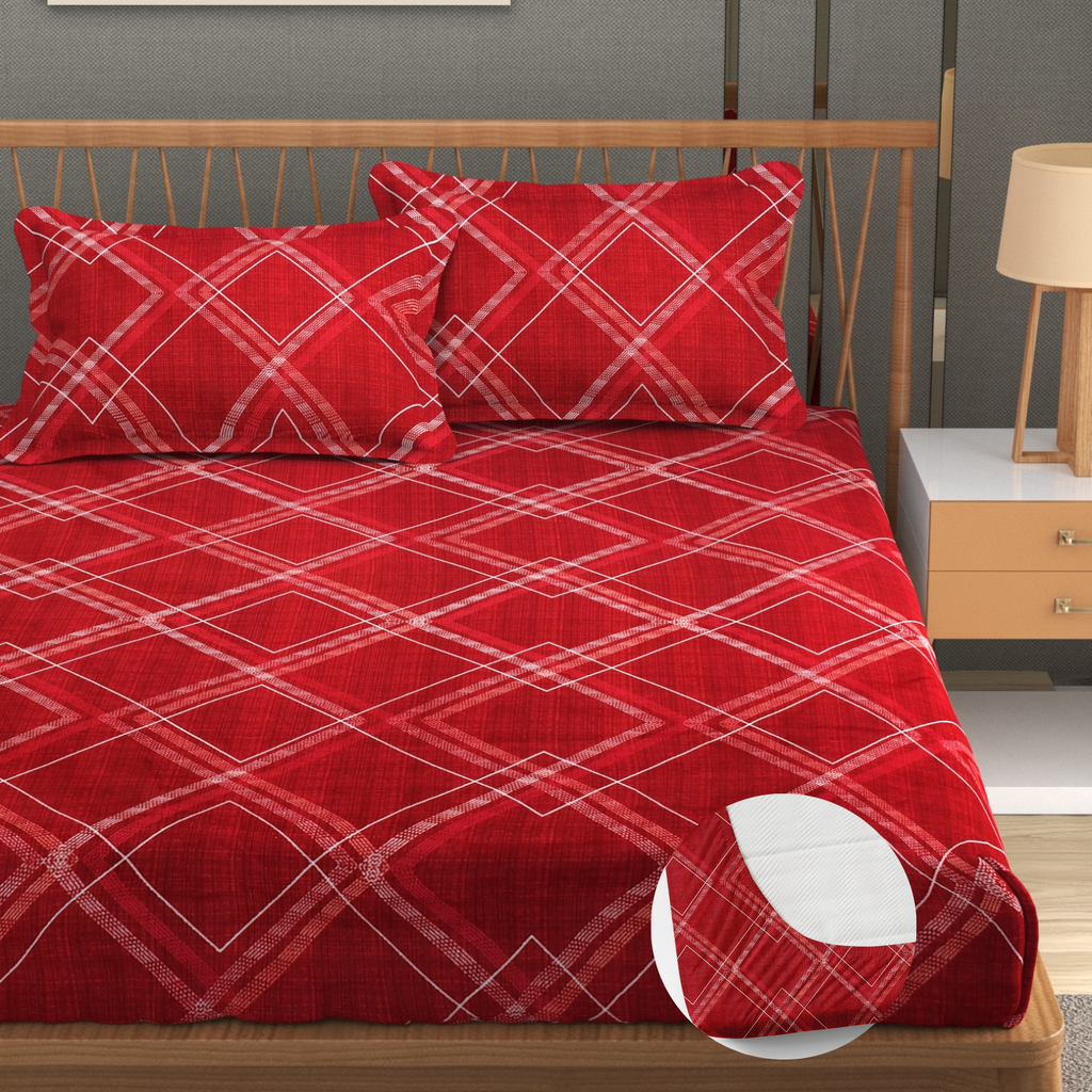 Furnofy Premium Fitted Double Bedsheet with 2 Pillow Covers (L-78" x B-72" + 6" Pocket) - Fitted, Red & White