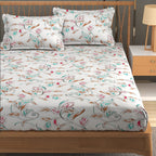 Furnofy Premium Printed Double Bedsheet (90x100 Inches) with 2 Pillow Covers (Flat, Floral) -  White