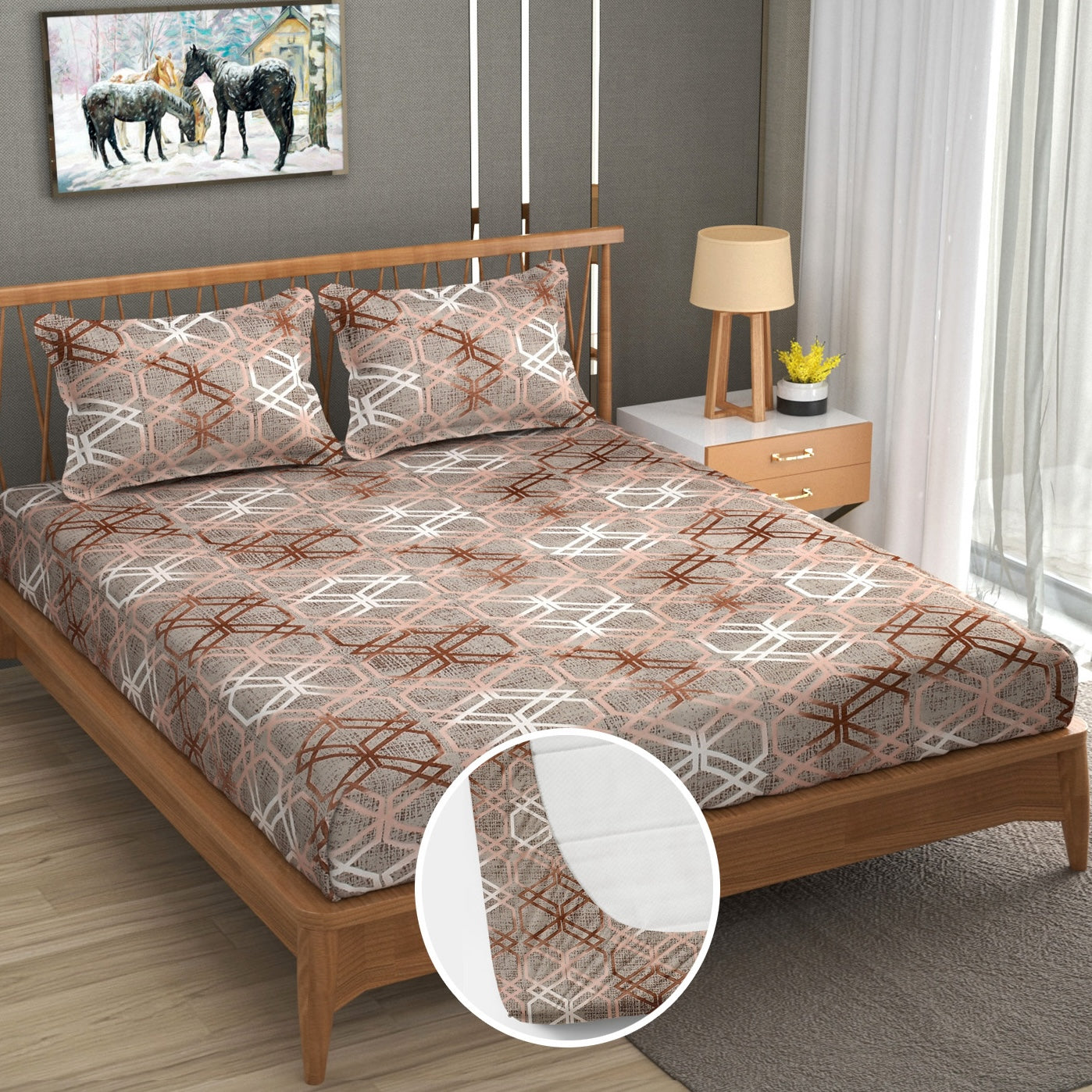 Furnofy 140 GSM Fitted  Double Bedsheet (78"x72" + 6" Pocket Size) with 2 Pillow Covers (18x27 inches) - Abstract