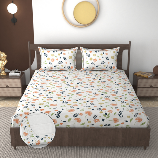 Furnofy 140 GSM Fitted  Double Bedsheet (78"x72" + 6" Pocket Size) with 2 Pillow Covers (18x27 inches)