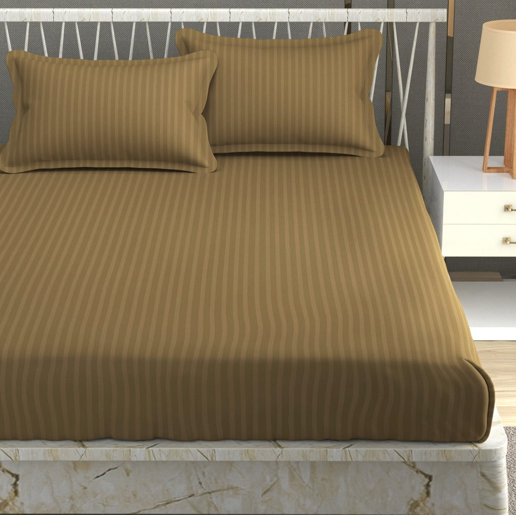 Furnofy Premium King Bedsheet with 2 Pillow Covers (108x108 Inches) - Satin Stripe, Camel