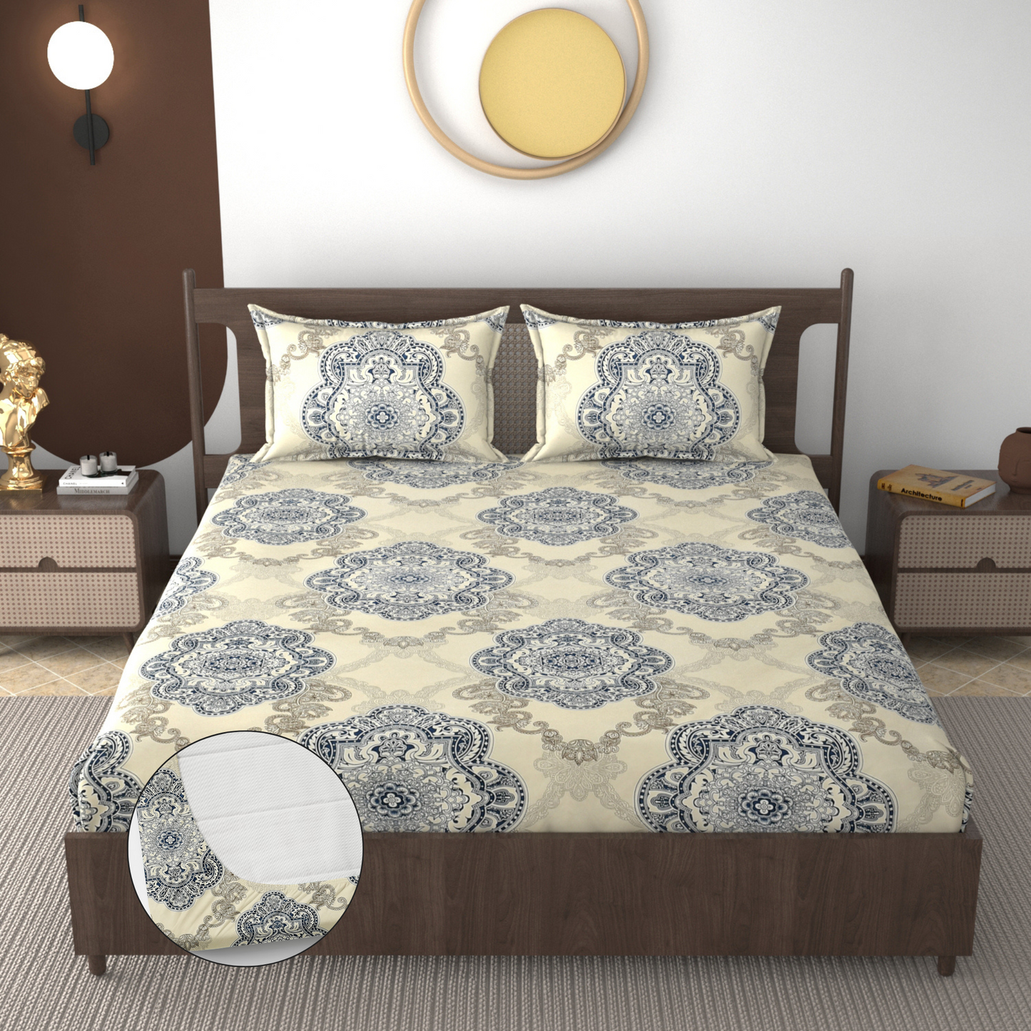 Furnofy 140 GSM Fitted  Double Bedsheet (78"x72" + 6" Pocket Size) with 2 Pillow Covers (18x27 inches) - Abstract Cream