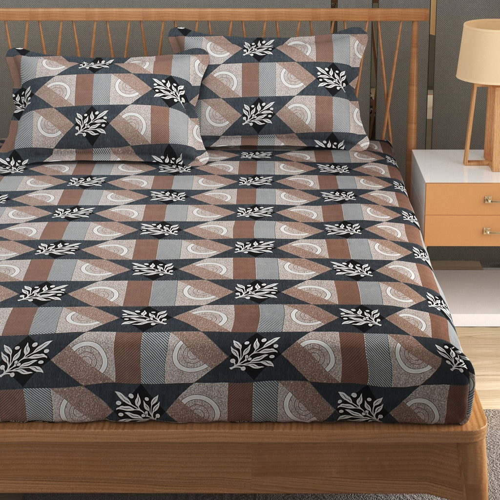Furnofy Premium Printed Double Bedsheet (90x100 Inches) with 2 Pillow Covers (Flat, Floral) - Brown & Black