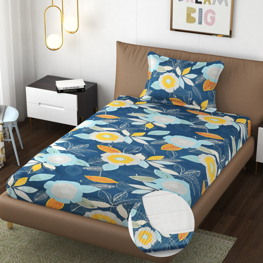 Furnofy 140 GSM Elastic Fitted Single Bedsheet (78 * 48 inches with 6" to 8" Pocket Size) with 1 Pillow Cover (18x 27 inches) - Floral Multicolors