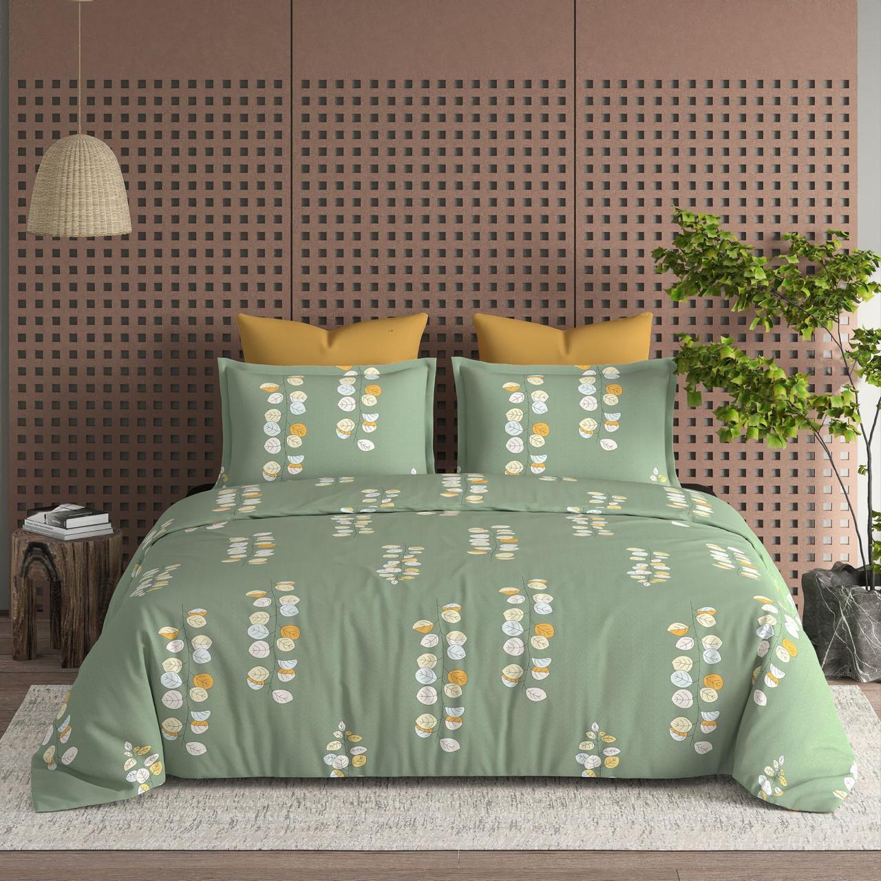 Furnofy 140 GSM Flat King Size Bedsheet (108 x 108 inches) with 2 Pillow Covers (18 x 27 inches) - Abstract Green
